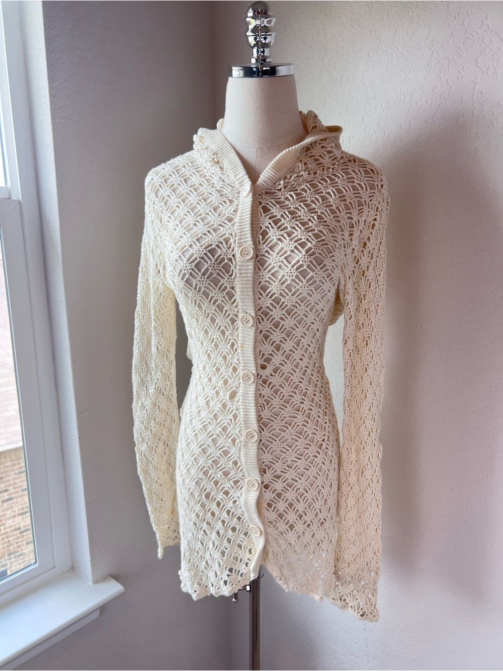 Vintage Y2K Justice Cream Crochet Button-Up Hooded Sweater size 14